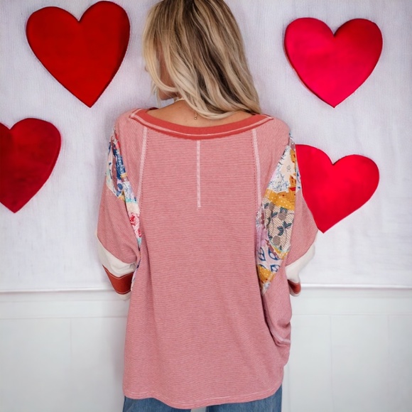 💖Red Striped and Floral Patchwork Oversize Top💖 - Picture 2 of 4